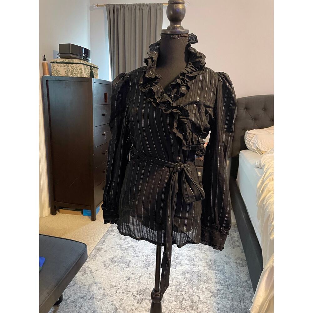 Ceres Black Sheer Wrap Blouse Medium Gold Metallic Stripe Ruffle Collar - Picture 2 of 5